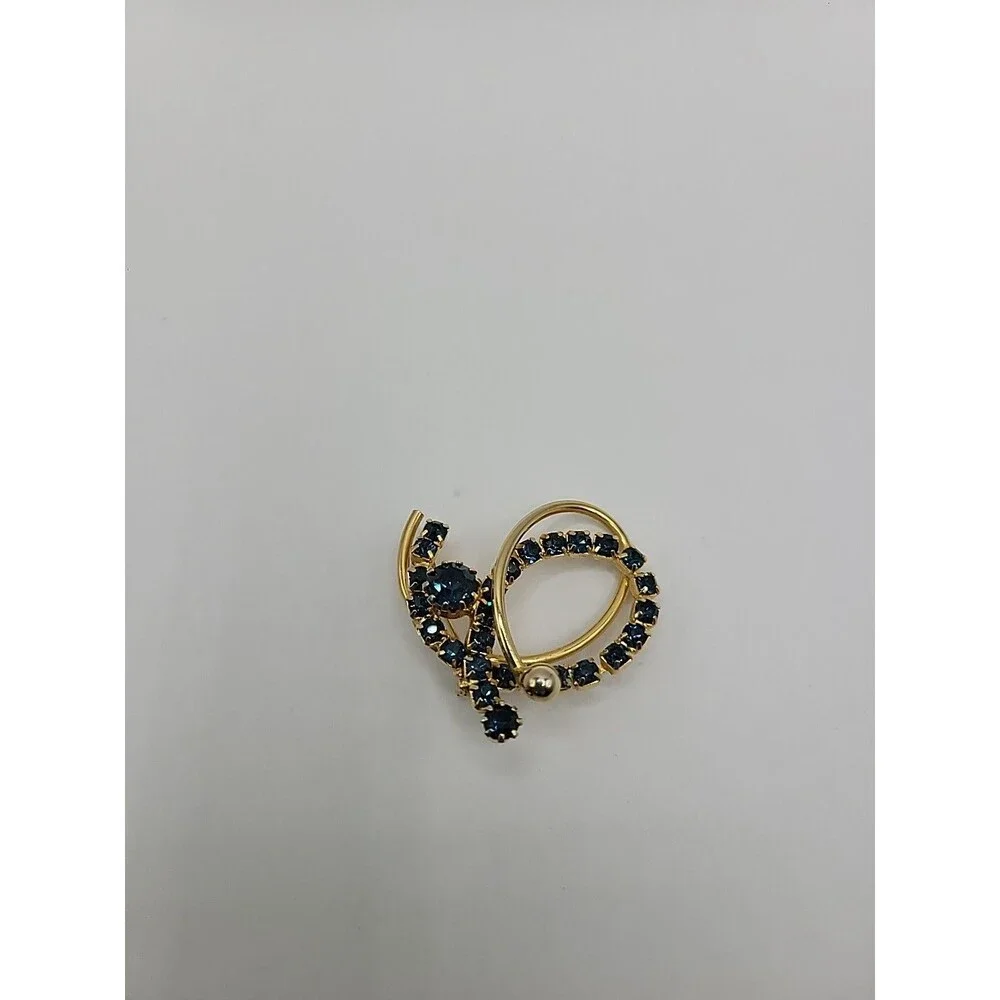 Blue Rhinestone Brooch Gold Tone Circle Swirl Vintage Style‎ Sapphire Color Pin